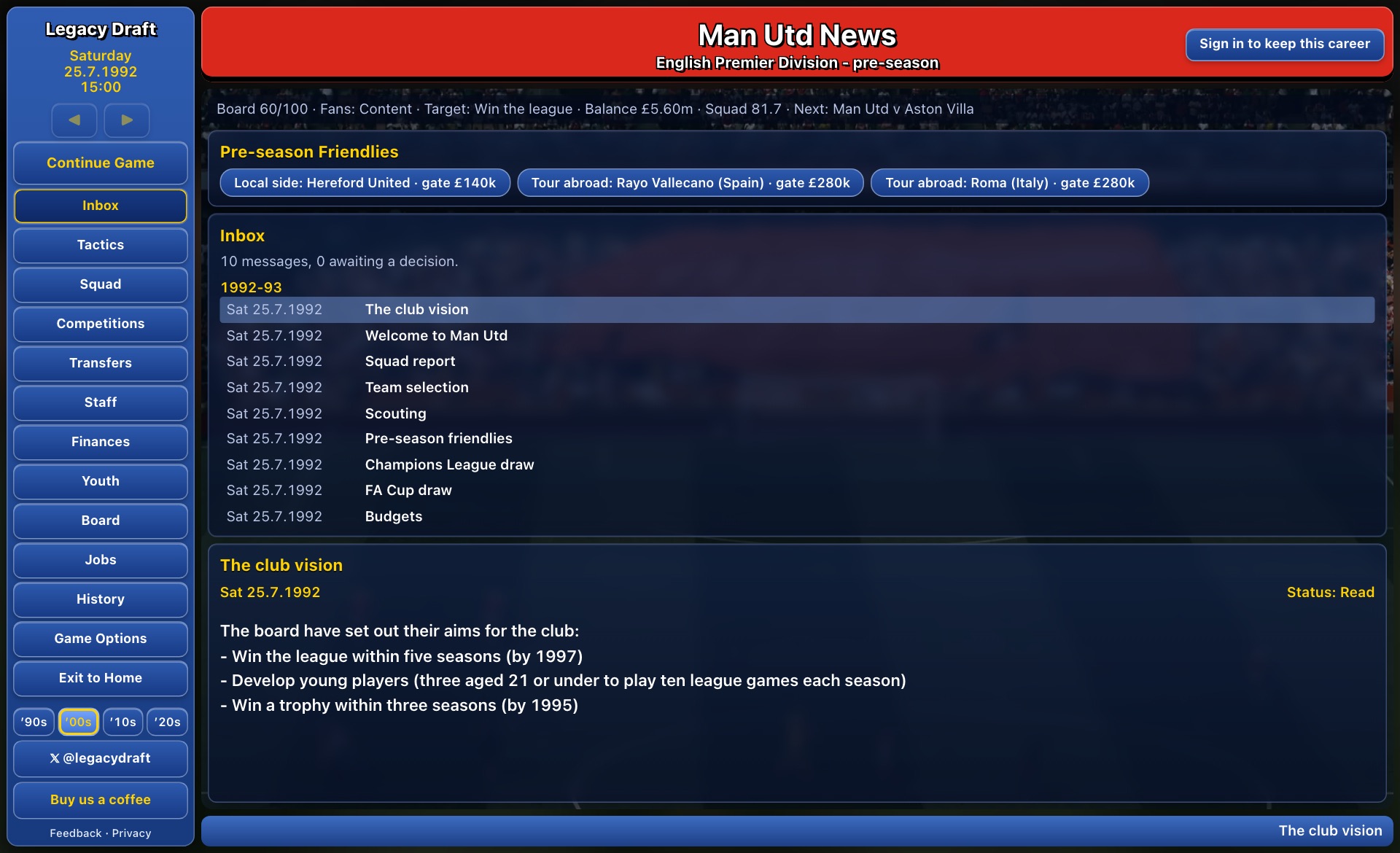 The Man Utd inbox in July 1992: the club vision, squad report, Champions League draw