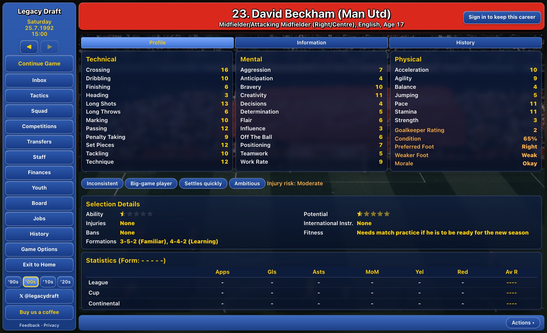 David Beckham, aged 17, at Man Utd in summer 1992: attributes and the staff's view of his potential
